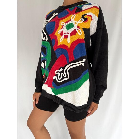 80s vintage black rainbow funky crazy abstract print embroidered knit sweater - Picture 4 of 9